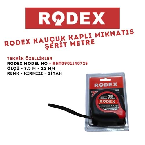 RODEX KAUÇUK KAPLI MIKNATIS ŞERİT METRE 7.5M*25 MM KIRMIZI