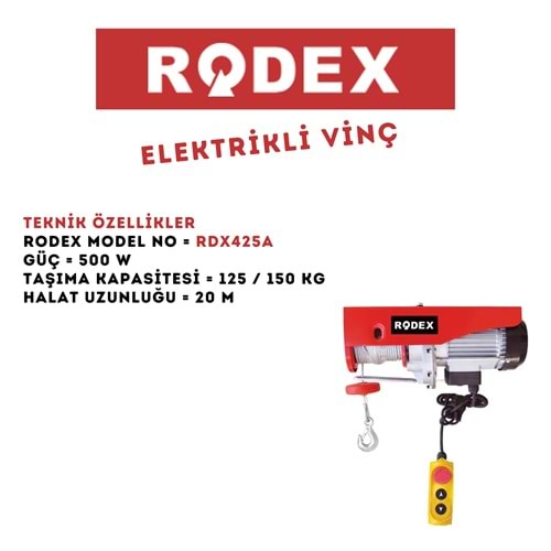 RODEX ELEKTRİKLİ VİNÇ 230V 125/250KG 500WIR RDX425A