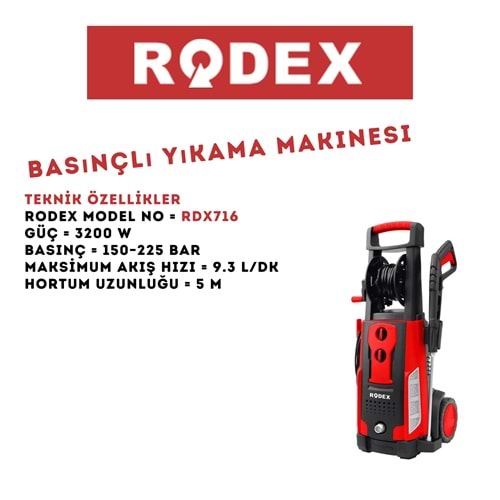 RODEX TEKERLEKLİ YIKAMA MAKİNESİ BASINÇLI 225 BAR 3200W KIRMIZI RDX716