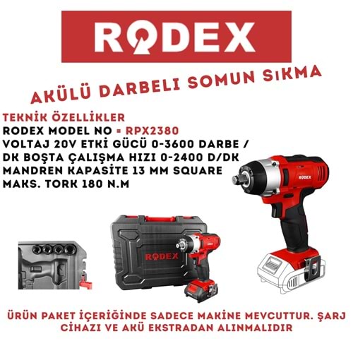 RODEX VİDALAMA AKÜLÜ DARBELİ SOMUN SIKMA 13 MM 0-2400 RPM 180N KIRMIZI RPX2380