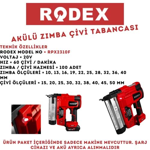 RODEX AKÜLÜ ZIMBA ÇİVİ TABANCASI 15-50 MM 100 ÇİVİ 20V RPX2415