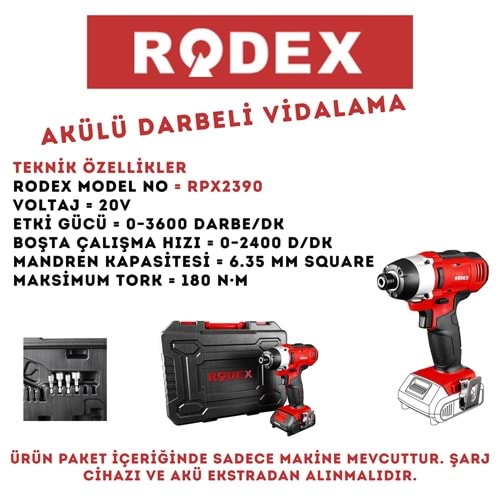 RODEX VİDALAMA AKÜLÜ DARBELİ VİDALAMA 0-2400 RPM 180NM 20 KIRMIZI RPX2390