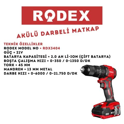 RODEX KIRICI-DELİCİ AKÜLÜ DARBELİ MATKAP 13MM 0-350/0-1350RPM KIRMIZI RDX3404