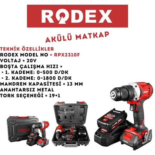 RODEX AKÜLÜ MATKAP 13 MM 500/1800 KIRMIZI RPX2310F