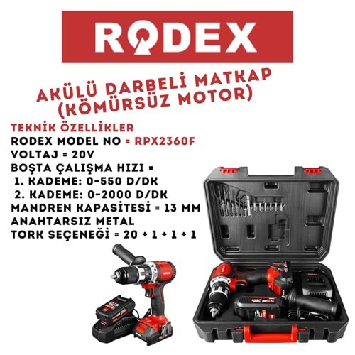 RODEX KÖMÜRSÜZ 2 VİTES 20V AKÜLÜ DARBELİ MATKAP 13 MM 0-550/0-2000 R KIRMIZI RPX2360F