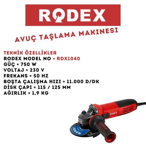 RODEX AVUÇ İÇİN TAŞLAMA MAKİNESİ 115MM/125 MM 750W 11000 RPM KIRMIZI RDX1040