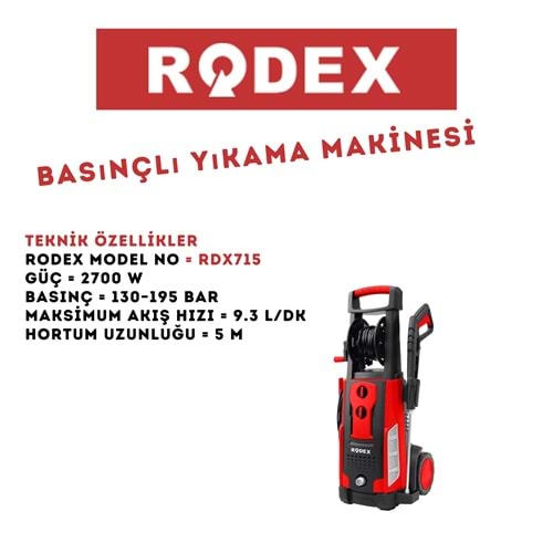 RODEX TEKERLEKLİ YIKAMA MAKİNESİ BASINÇLI 195 BAR 2700W KIRMIZI RDX715