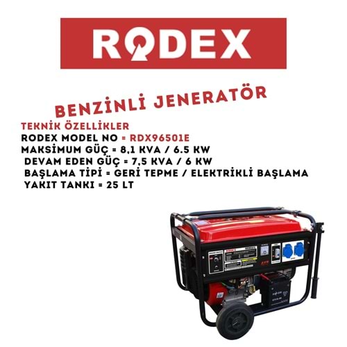 RODEX BENZİNLİ MARŞLI JENERATÖR 7KVA*6.5KWA 6.5KWA/6.5KVA RDX96501E