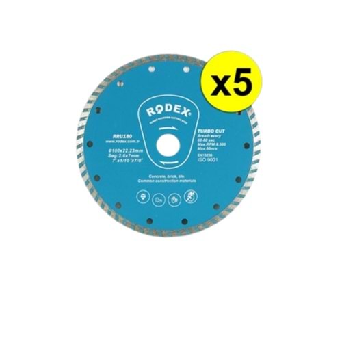 RODEX STANDART TİP TURBO ELMAS KESME DİSKİ 180 MM MAVİ RRU180
