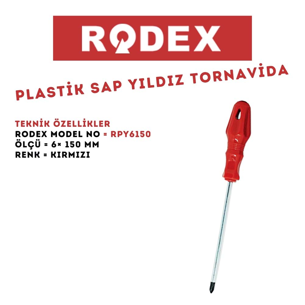 RODEX PLASTİK SAP DÜZ TORNAVİDA 6*150 MM KIRMIZI RPD6150